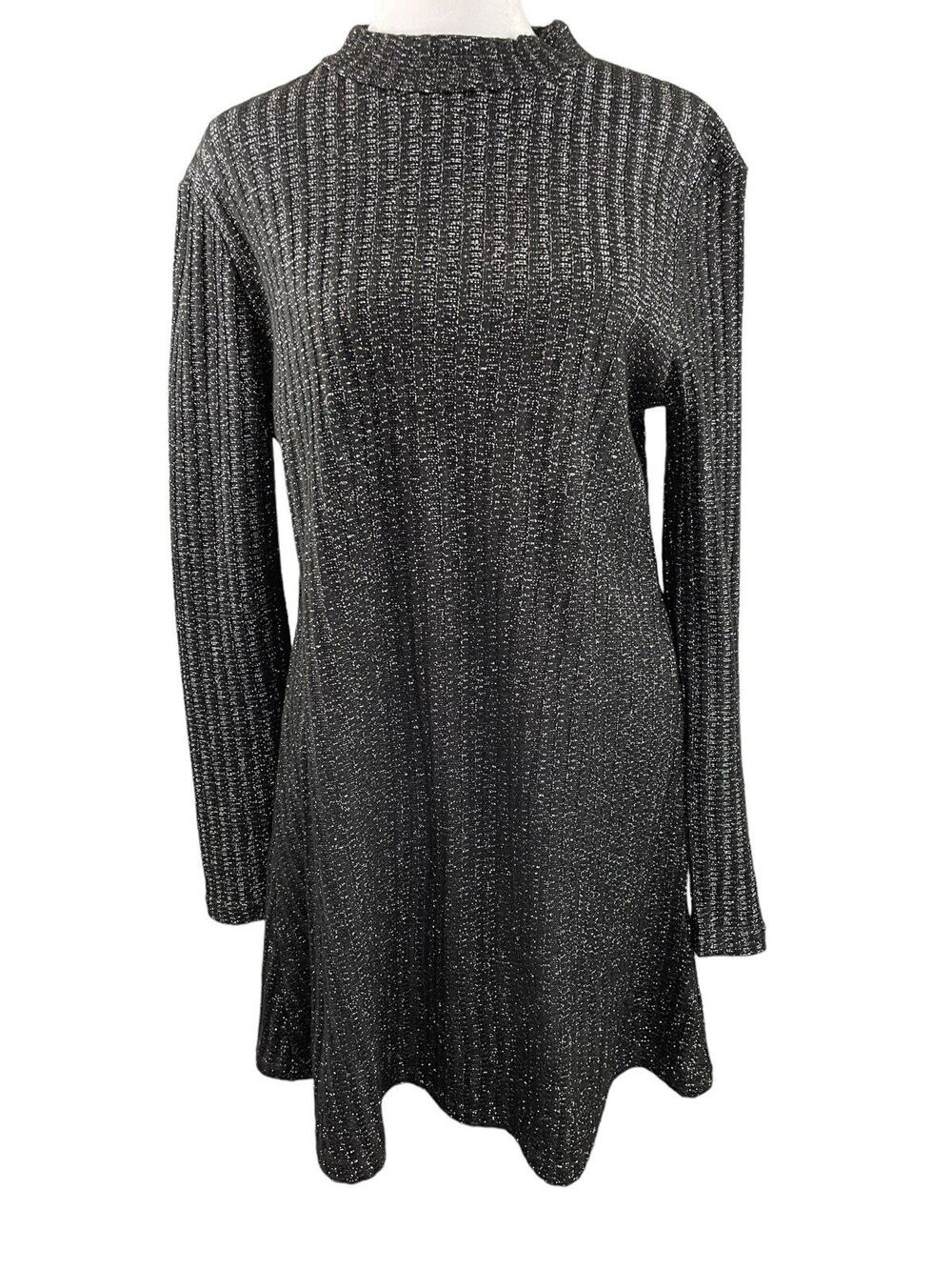 Urban Outfitters M Sweater Dress Black Silver Metallic Mock Neck A Line Sparkly